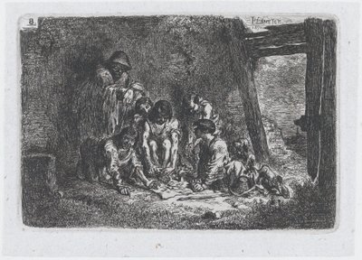 プレート 8: ゲームをしている人物のグループ、1850 年の一連の税関から。 作： Francisco Lameyer Berenguer