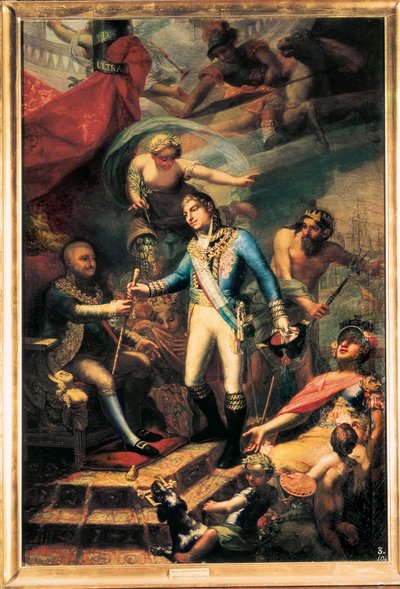 スペインのカルロス 4 世 (1748-1819) がマヌエル ゴドイ (1767-1851) を海軍大将に任命 作： Francisco Llacer y Valdermont