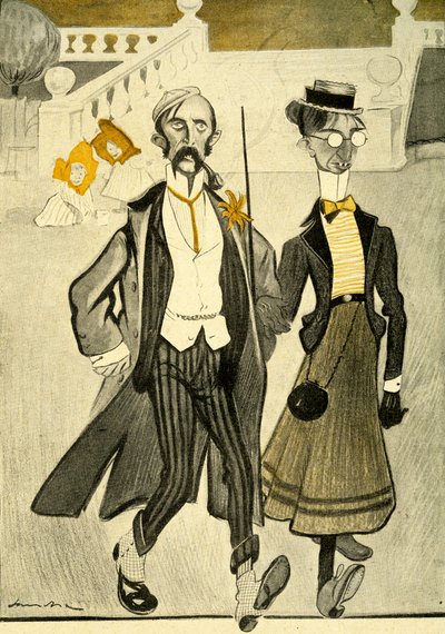 1903年の奇妙なファッションセンスで嘲笑されているフランスのイギリス人夫婦 作： Francisco Sancha y Lengo