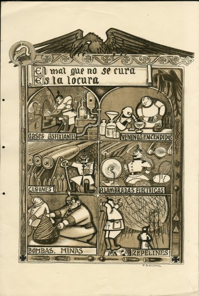 フランシスコ・サンチャ・レンゴ（1874-1936）のイラスト - 1915年頃の飛葉 - El mal que no se cura es la locura - 14～18年戦争, ドイツ・プロイセン, 吸引性ガス, スペイン語, 外国の報道機関 作： Francisco Sancha y Lengo