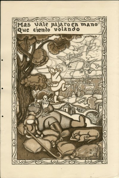 フランシスコ・サンチャ・レンゴ（1874-1936）のイラスト - 飛ぶ葉っぱ（1915年頃） - Mas vale pajaro en mano que ciento volando - 14～18年戦争, ドイツ・プロイセン, ベルゲントとシンボル, 勝利, 平和, スペイン語, 海外報道 作： Francisco Sancha y Lengo