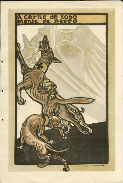 フランシスコ・サンチャ・レンゴ(1874-1936)のイラスト - 1915年頃のフライング・リーフ - A carne de lobo diente de perro - 14 -18年戦争, ドイツ プロイセン, イギリス グレートブリテン, 交戦国とシンボル, フランス, スペイン語, 海外報道 - ウィリアム2世, 犬, 隠す 作： Francisco Sancha y Lengo