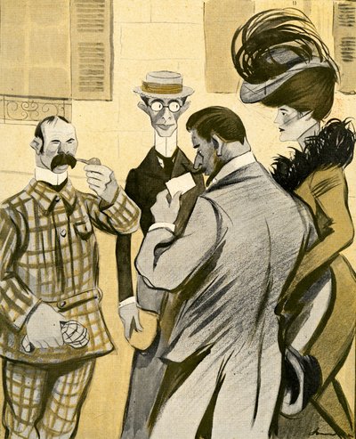 1903年、2人のイギリス人が不器用に、魅力的なフランス人のカップルに悪いフランス語の方向を尋ねました。 作： Francisco Sancha y Lengo