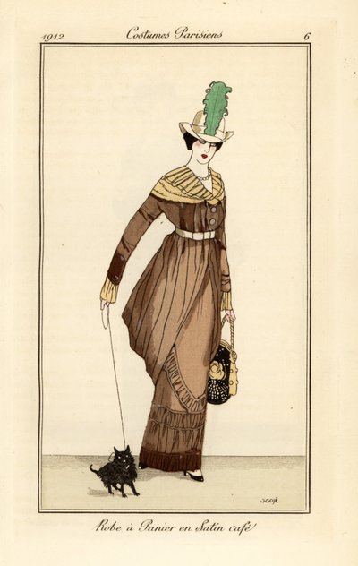 コーヒー色のサテンのパニエドレスを着た女性とペットの犬、トンマソ・アントンジーニの『Journal des Dames et des Modes』からのエッチング、Aux Bureaux du Journal des Dames、パリ 作： Francesc Xavier Gosé