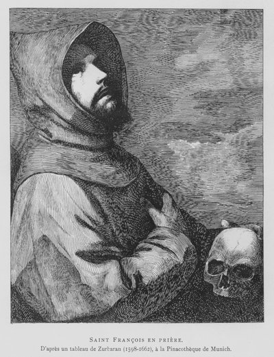 祈りを捧げるアッシジの聖フランチェスコ（リトグラフ 作： Francisco de (after) Zurbaran
