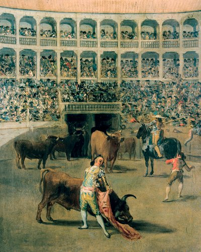 ケープを被った闘牛や、ケープの打撃の様子。フランシスコ・デ・ゴヤ・イ・ルシエンテス（1746-1828）の金属に描かれた絵画。1793. 作： Francisco de Goya