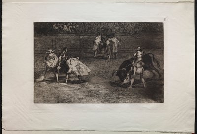闘牛：助手の肩に乗った闘牛士、雄牛を槍で突き刺す 作： Francisco de Goya