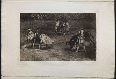 闘牛：アシスタントの肩に取り付けられた闘牛士、闘牛の槍、1876年。 作： Francisco de Goya