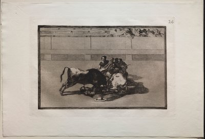 闘牛: 馬に乗っていないピカドールが雄牛の下に落ちる 作： Francisco de Goya