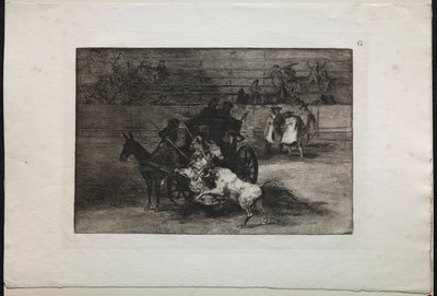 闘牛：2匹のラバを利用した馬車で戦う、1876年。 作： Francisco de Goya