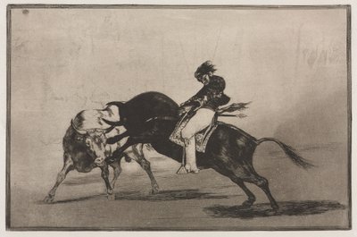 闘牛：別の雄牛に乗った同じCeballosがリング内の短い槍を破る、1876。 作： Francisco de Goya