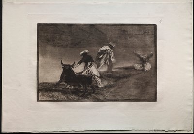 闘牛: 囲いの中でマントを使って別のプレーをする 作： Francisco de Goya