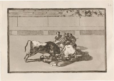 雄牛の下で彼の馬からピカドールが落ちる 作： Francisco de Goya