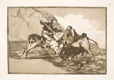 昔のスペイン人が平原で馬に乗って雄牛を狩った方法. 作： Francisco de Goya