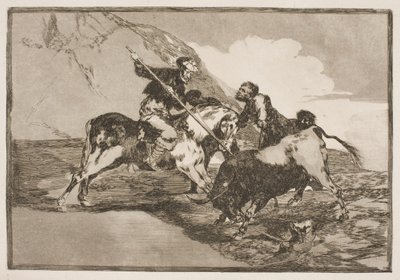 昔のスペイン人が平原で馬に乗って雄牛を狩った方法. 作： Francisco de Goya