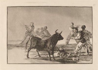 ランス、鎌、バンデリラ、その他の腕で雄牛をハムストリングスにするがらくた 作： Francisco de Goya