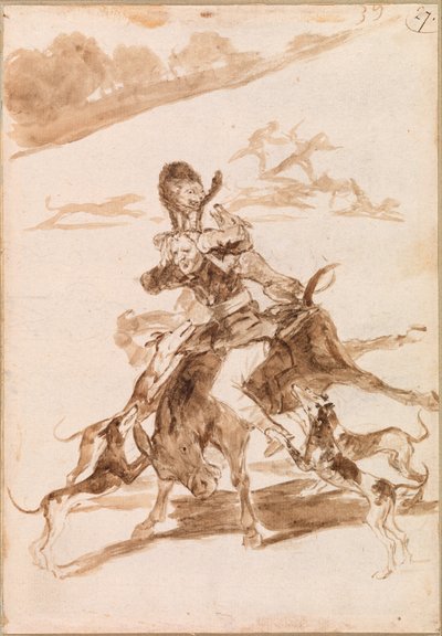 ロバに乗った男に猫を追いかける犬 作： Francisco de Goya