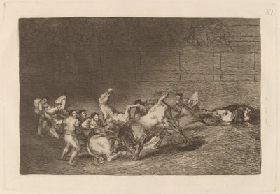 1頭の雄牛から次々と放たれる2チームのピカドール 作： Francisco de Goya