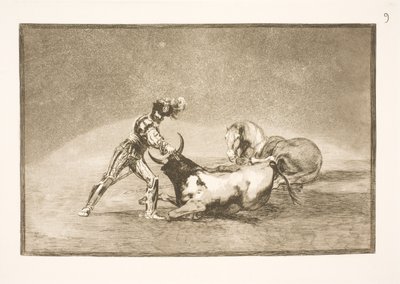 スペインの騎手が馬を失った後に雄牛を殺す 作： Francisco de Goya