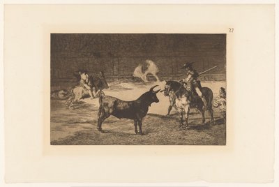 Fernando del Toro daagt een stier uit かの有名なフェルナンド・デル・トロ、バリラルゲロがポールで野獣を追い込む Stierengevechten (シリーズタイトル) La Taureaumachie (シリーズタイトル) 闘牛（シリーズタイトル） 作： Francisco de Goya