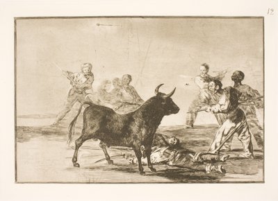 人々は雄牛を槍、鎌、バンデリラ、その他の武器で刺します 作： Francisco de Goya