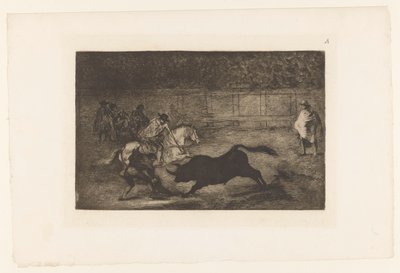 馬に乗った男が雄牛に槍を突き刺す Un cavalier espagnol brisant des 