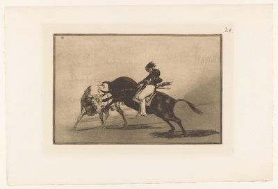 Mariano Ceballos rijdend op een stier プラザ デ マドリードの別のブルブレイク バーに取り付けられた同じセバージョ Stierengevechten (シリーズタイトル) La Taureaumachie (シリーズタイトル) 闘牛（シリーズタイトル） 作： Francisco de Goya