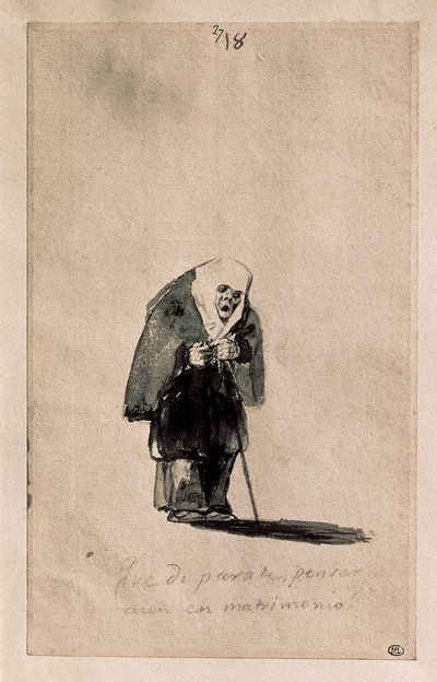 Que disparate, pensar aun en matrimonio (What nonsense, to still think of marriage), 1819-23年頃 (筆、墨、黒石による下絵、白の敷紙に) 作： Francisco de Goya