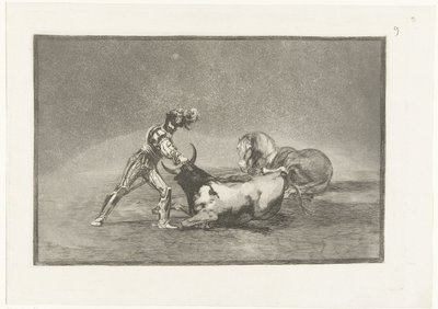 Spaanse Ridder Doodt Een Stier 馬を失った後、スパグニョールの騎士が雄牛を殺します Stierenvechten（タイトルシリーズ） ブルファイト（タイトルシリーズ） 作： Francisco de Goya