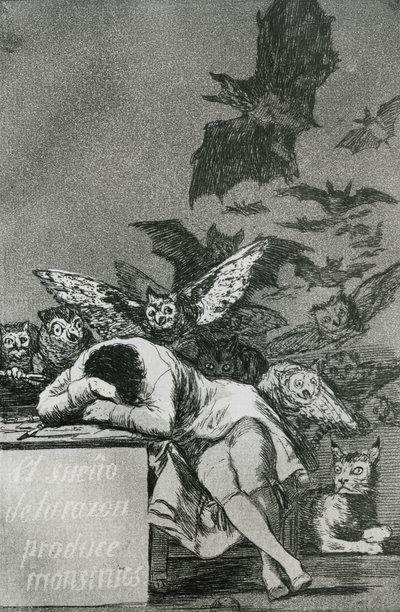 「理由の睡眠」は、「ロスカプリコス」（彫刻）（bw写真）からモンスターを生み出す（81662も参照） 作： Francisco de Goya