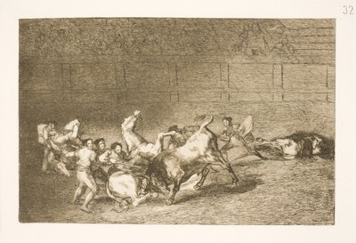 ピカドールの 2 つのチームが 1 頭の雄牛に 1 つずつ倒される 作： Francisco de Goya
