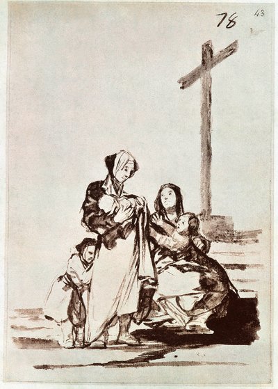 十字架の近くにいる女性と子供たち（エングレービング 作： Francisco de Goya