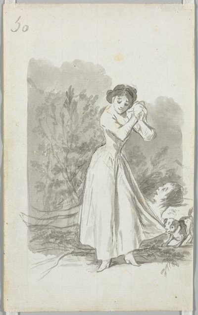 男の裸の体に手を絞る若い女性 (裏面) 作： Francisco de Goya