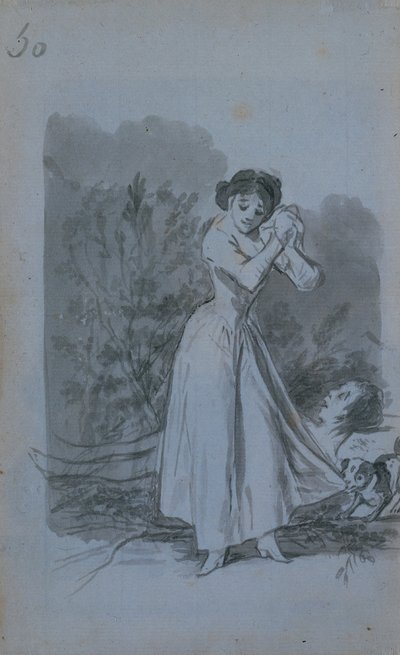 1796-97年、裸の体のマンスの上に手をかざす若い女性。 作： Francisco de Goya