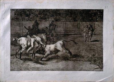 エル・インディオと呼ばれるマリアーノ・セバージョスが馬に乗って雄牛を殺す 作： Francisco de Goya