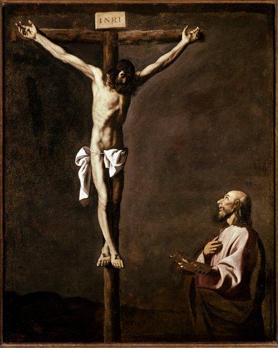 磔刑と画家 十字架の下で聖ルカに扮した画家の自画像。フランシスコ・デ・ズルバラン（1598-1664）による絵画 1635-1640年 薄暗い。105x84 cm マドリード、プラド美術館 作： Francisco de Zurbaran