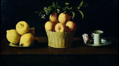 レモンとオレンジとバラの静物画 作： Francisco de Zurbaran
