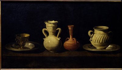 静物、カップと花瓶。フランシスコ・デ・ズルバラン（1598-1664）の絵画 作： Francisco de Zurbaran