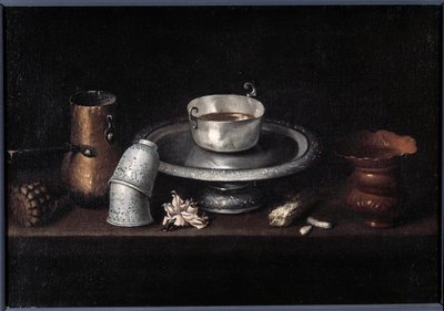 チョコレートのカップ、カップの朝食の静物画です。フランシスコ・デ・ズルバラン(1598-1664)の絵画。17世紀 ブザンソン、美術館 作： Francisco de Zurbaran