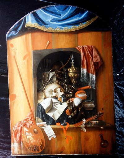 トロンプルイユにヴァニタスの静物を添えて（油彩・キャンバス） 作： Franciscus Gysbrechts
