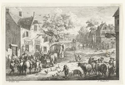 旅館で旅行者や牛のトレーダーがいる村のシーン 作： Franciscus de Bargas