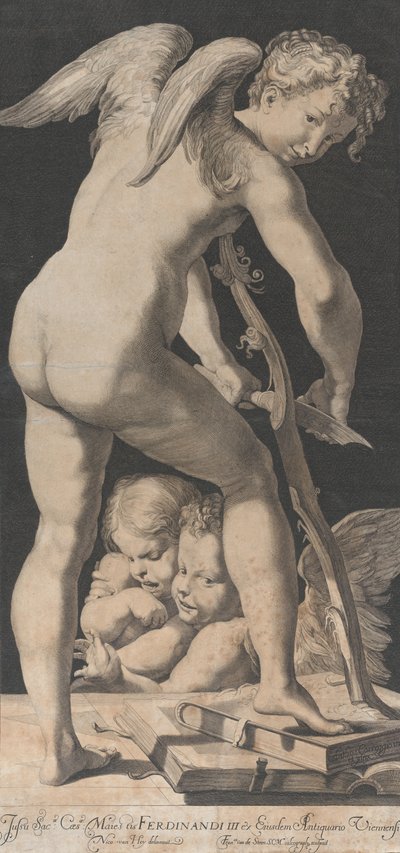 弓を研ぐキューピッド、1645-72年。 作： Franciscus van der Steen