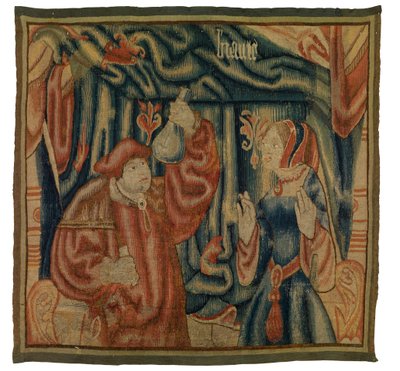 医師と女性のいる室内を描いたタペストリーの断片、ボーテ、フランスまたはフランドル、16世紀初頭製（羊毛） 作： Franco-Flemish School