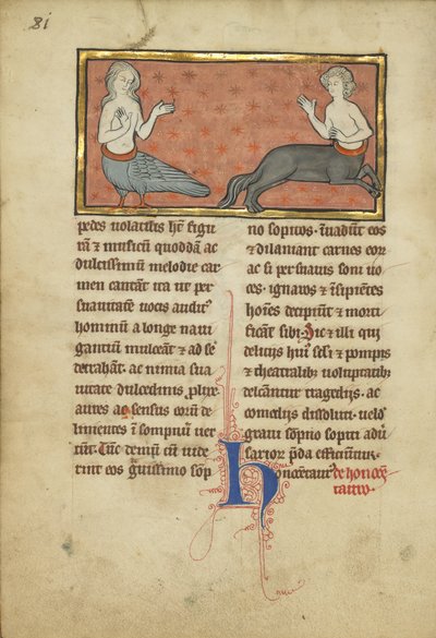 動物寓話のMsLudwig XV 4のサイレンとケンタウロス、fol。 81v、c.1280-1300（テンペラ、ペンとインク、金箔と羊皮紙の絵の具） 作： Franco Flemish School