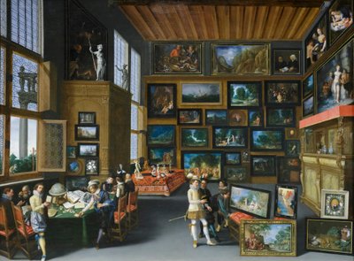 絵の掛かった部屋にいるコグノセンティたち 1620年頃 オーク材に油彩 作： Franco-Flemish School