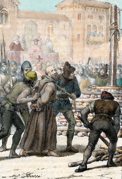 Execution of the Italian religious reformer Arnaldo da Brescia (Arnaud de Brescia) (1100-1155) on 18 June 1155 (The burning of Italian canon regular Arnold (Arnaldus) of Brescia June 1155) Engraving from “I misteri del vaticano” by Franco Mistrali 1861 Pri 作： Franco Mistrali