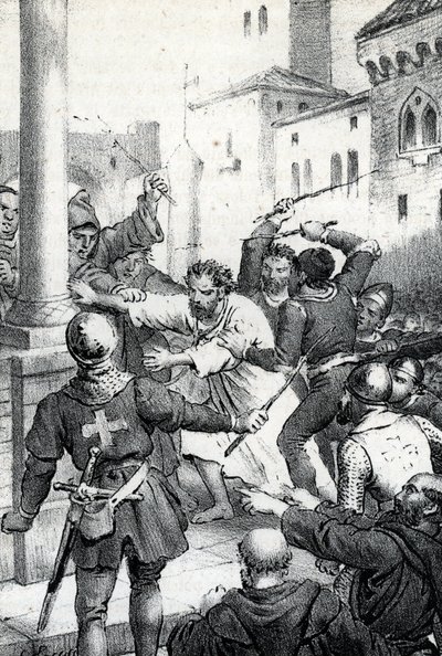 Penance of Raymond VI, count of Toulouse - Le 22/06/1209 Raymond VI Comte de Toulouse, excommunie by Pope Innocent III (Milon legat du pope) for not pursuing the Cathars, accuses of being the instigator of the assassination of Pierre de Castelnau, made hon 作： Franco Mistrali