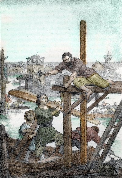 Attilan hunien metsästämät pakolaiset asentavat Venetsian kaupungin perustukset 5. vuosisadalle (Attilan barbaarien metsästämien pakolaisten Venetsian perustaminen, 5. vuosisata) Piirros Franco Mistralin "I misteri del vaticanosta" 1846 作： Franco Mistrali