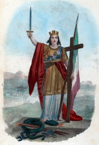 リソルジメント: 勝利を収めたイタリアが腐敗した教会の蛇の上に立ち、十字架と旗を掲げて剣を掲げていることを寓意的に表したもので、政治的、宗教的、市民的なリソルジメントのシンボル) Frontispice Tire de ““ I misteri del vaticano”” by Fr 作： Franco Mistrali