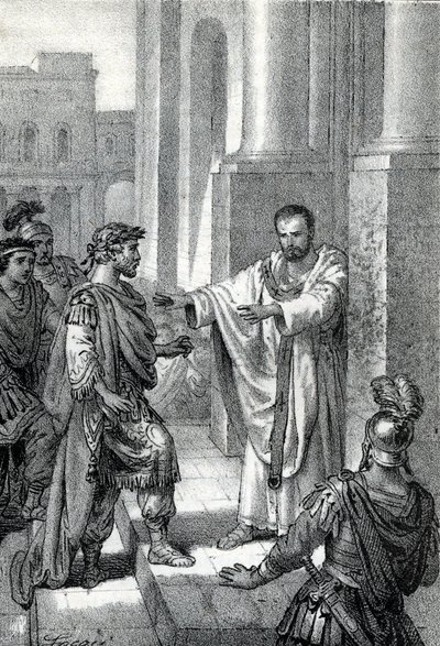 The archbishop Saint Ambrose of Milan (Aurelius Ambrosius, Ambrogio di Milano (340-397) prohibited the entrance of the church to roman emperor Theodosius I (Flavius Theodosius) (347-395) to punish him for the massacre of Thessalonica in 390 - Excommunicati 作： Franco Mistrali
